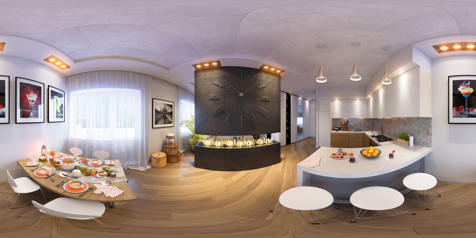 Prise de vue 360° équirectangulaire d'un appartement avec cuisine, table et cheminée